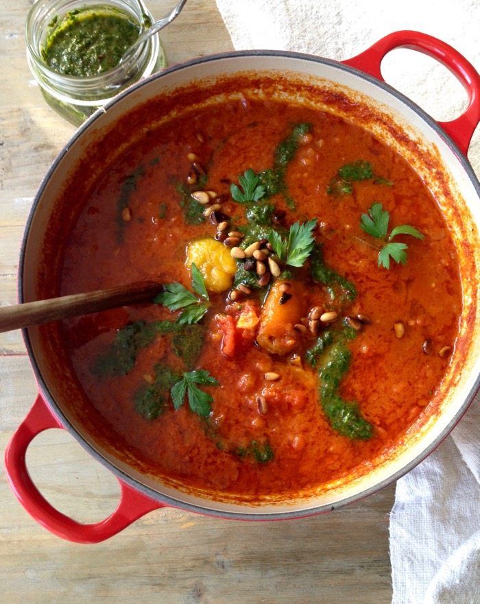 Healthy Roasted Red Pepper Tomato Soup with Pesto and Smoked Paprika