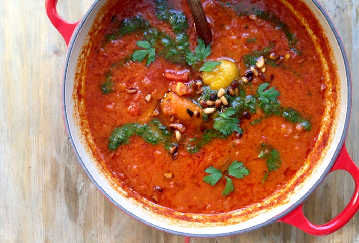 Roasted Red Pepper Tomato Soup with Pesto and Smoked Paprika