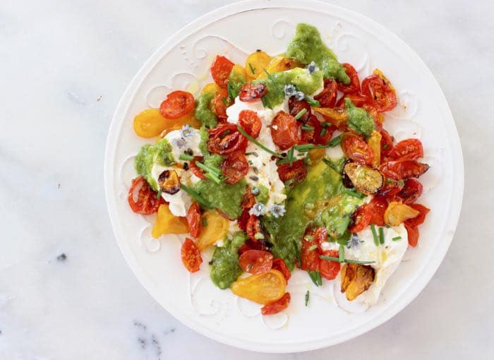 Slowly Roasted Cherry Tomatoes over Burrata Cheese with a Scallion Dressing