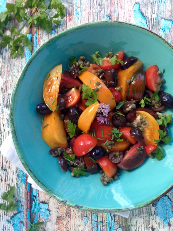 Tomato Olive Salad with Capers, Garlic and Black Olives