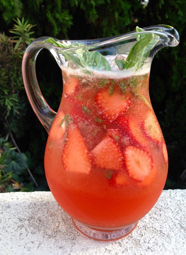 Pitcher of Strawberry Basil Lemonade in the Garden