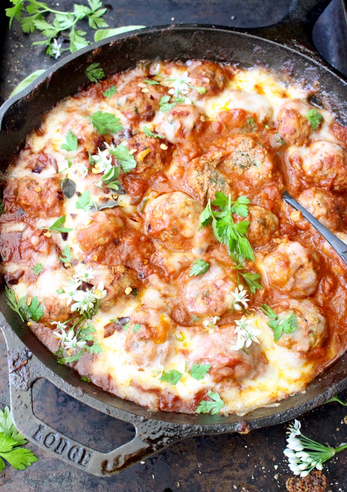 Rustic Cast Iron Skillet with Ricotta Meatballs and Cheese