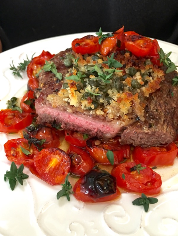 Palermo Style Italian Steak on a Bed of Roasted Cherry Tomatoes