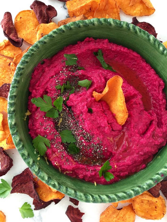Chickpea dip recipe with roasted red beets & chia seeds 
