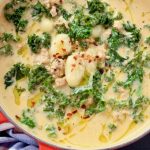 Red Bowl of Gnocchi Zuppa Toscana with Kale and Sausage