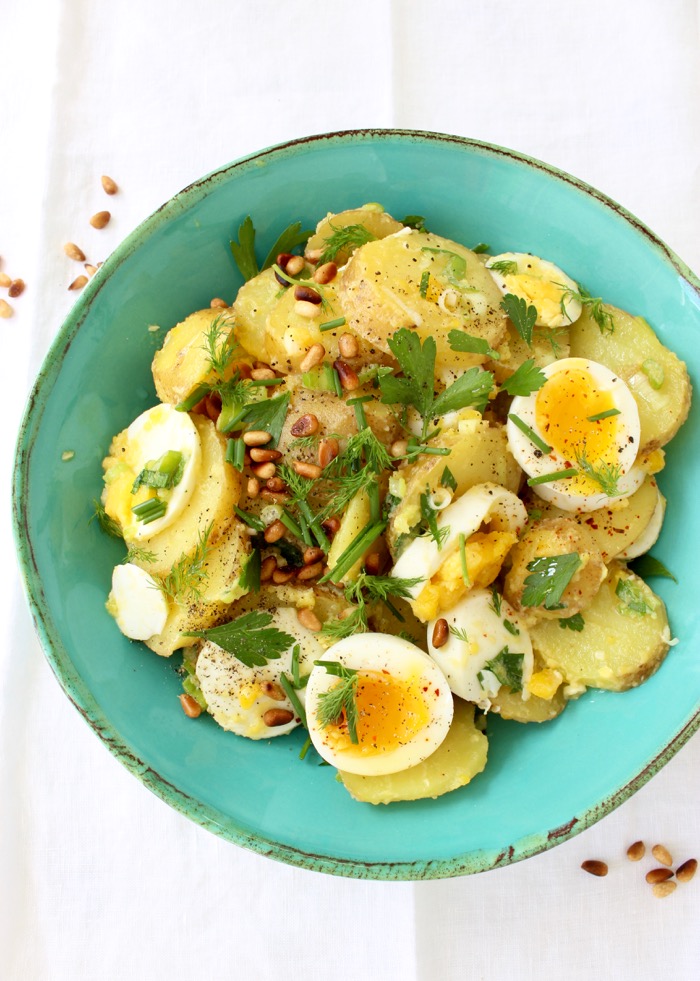 Warm Potato and Egg Salad Recipe with Dill, Chives and Toasted Pine Nuts