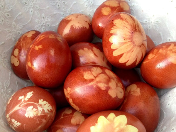 Basket of Homemade Easter Eggs Naturally Dyed with Onion Skins, Flowers and Herbs