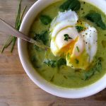 Bowl of Broccoli Spinach Soup with a Poached Egg