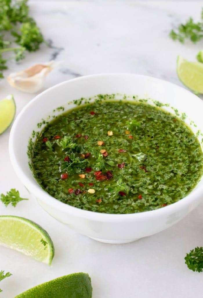 Bowl of Argentinian Chimichurri Sauce with Parsley, Oregano and Red Pepper Flakes 