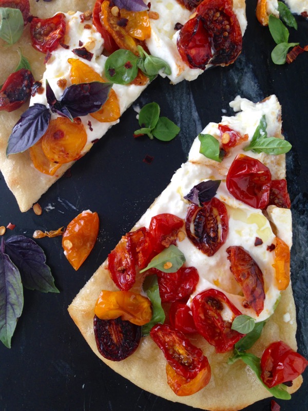 Thin Crust Burrata Pizza Pie Slice with Roasted Cherry Tomatoes and Basil