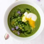 healthy leek soup with chive oil and green peas