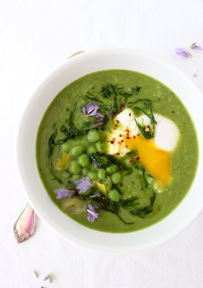 Healthy Green Pea Soup with Leeks and Chive Oil