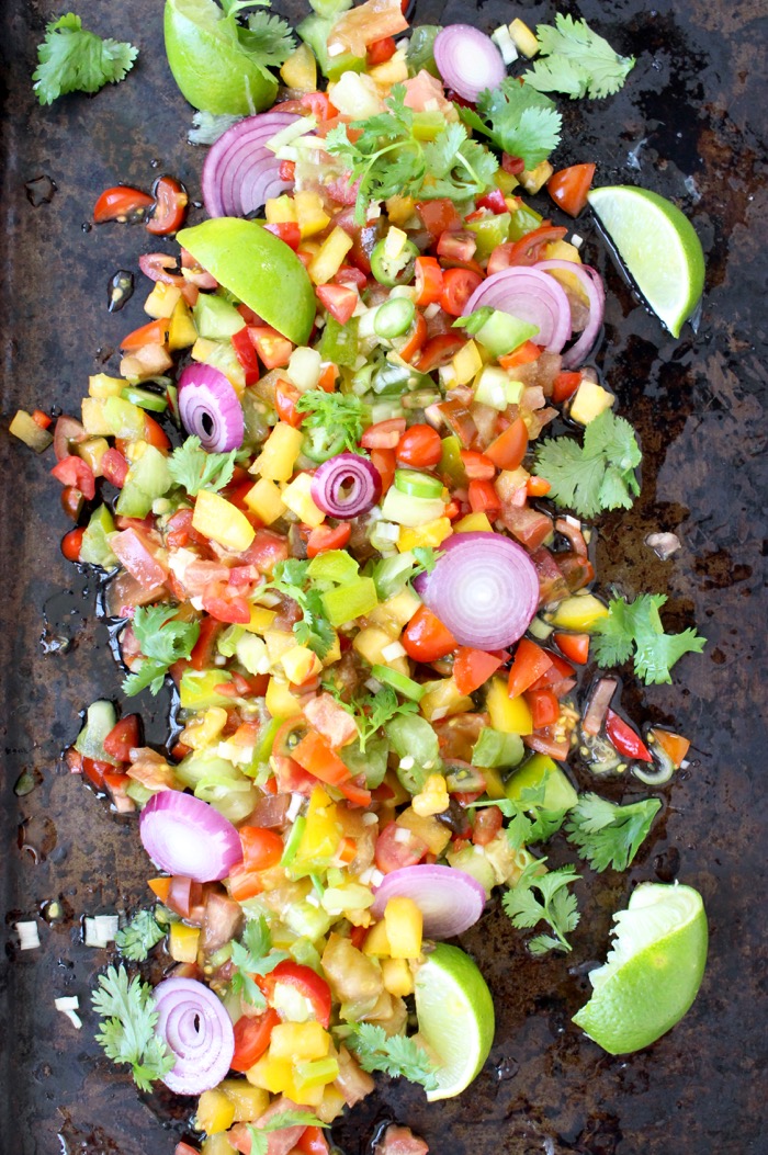 Black Platter of Heirloom Fresh Tomato Salsa with Red Onion, Cilantro and Lime