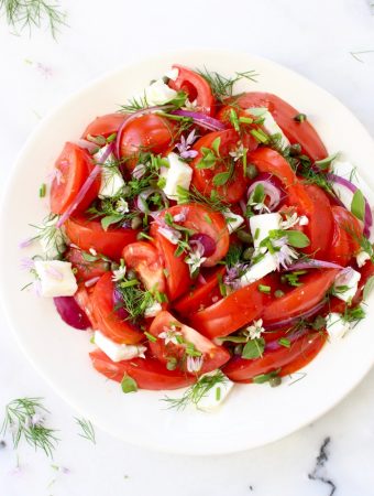 Bowl of Tomato Onion Salad with Feta Cheese