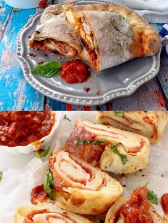 A calzone and stromboli slices with tomato sauce