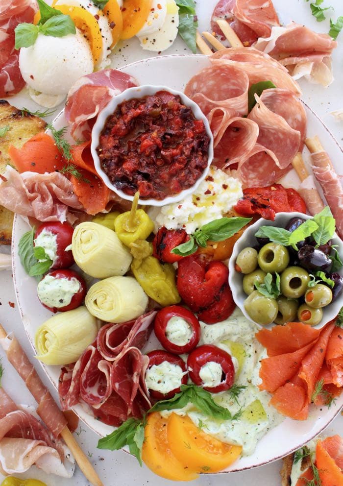Italian Style Antipasto Platter with Roasted Peppers, Tapenade, Prosciutto, Salami, Smoked Salmon