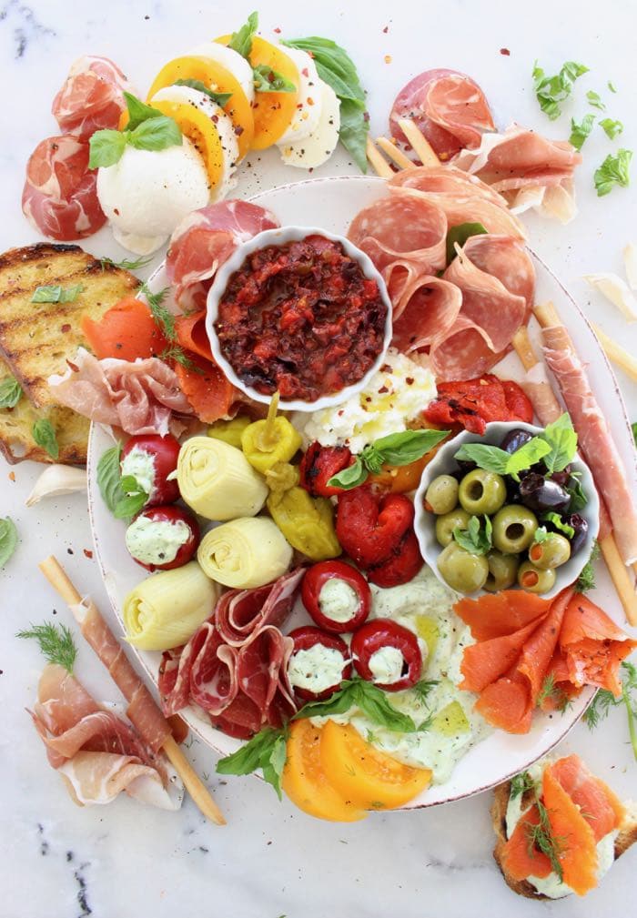Italian Style Antipasto Platter with Roasted Peppers, Tapenade, Prosciutto, Salami and Smoked Salmon