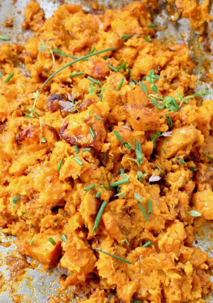 Healthy, Savory Sweet Potato Mash with Chives and Thyme