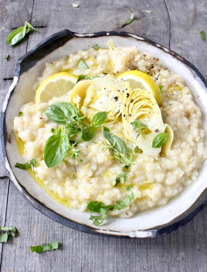 Rustic Bowl of Artichoke Lemon Risotto with Thyme, Basil and Parmesan
