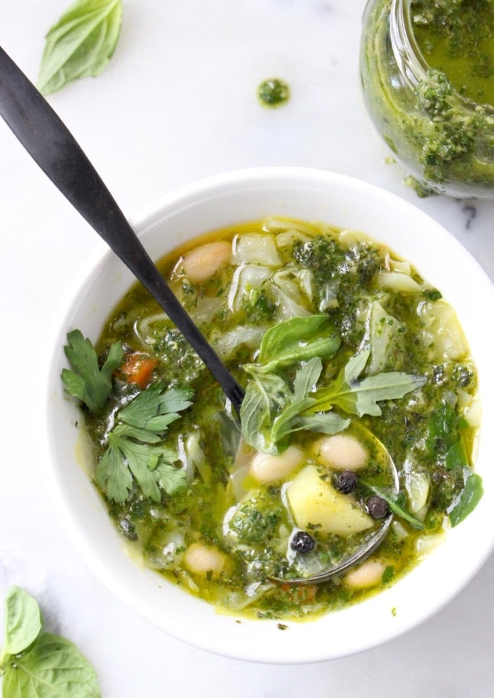 Italian Green Minestrone di Verdure Soup with Pesto, Cabbage and Potatoes