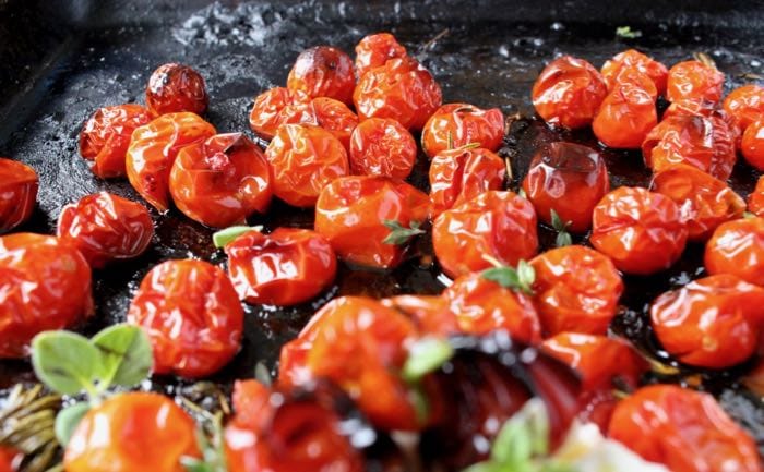 Oven Roasted Cherry Tomatoes with Thyme and Rosemary.