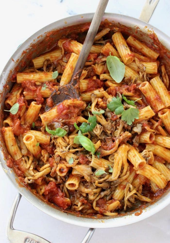 Vegetarian mushroom Bolognese sauce with Rigatoni, eggplant and roasted peppers.