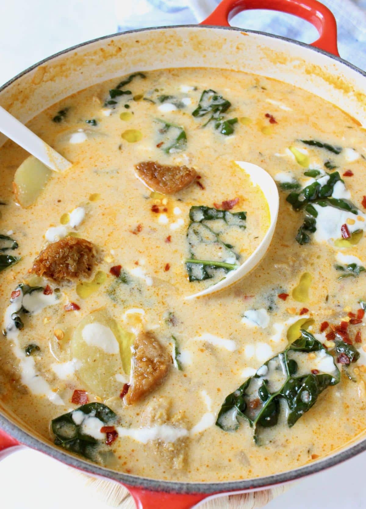 Vegetarian Zuppa Toscana Soup with beyond Italian Sausage and Kale