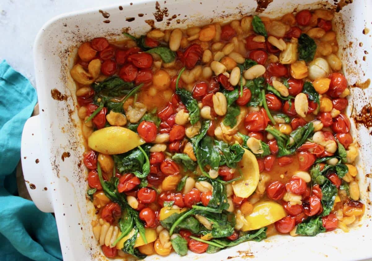 Roasted White Bean Tomato Pasta with Spinach